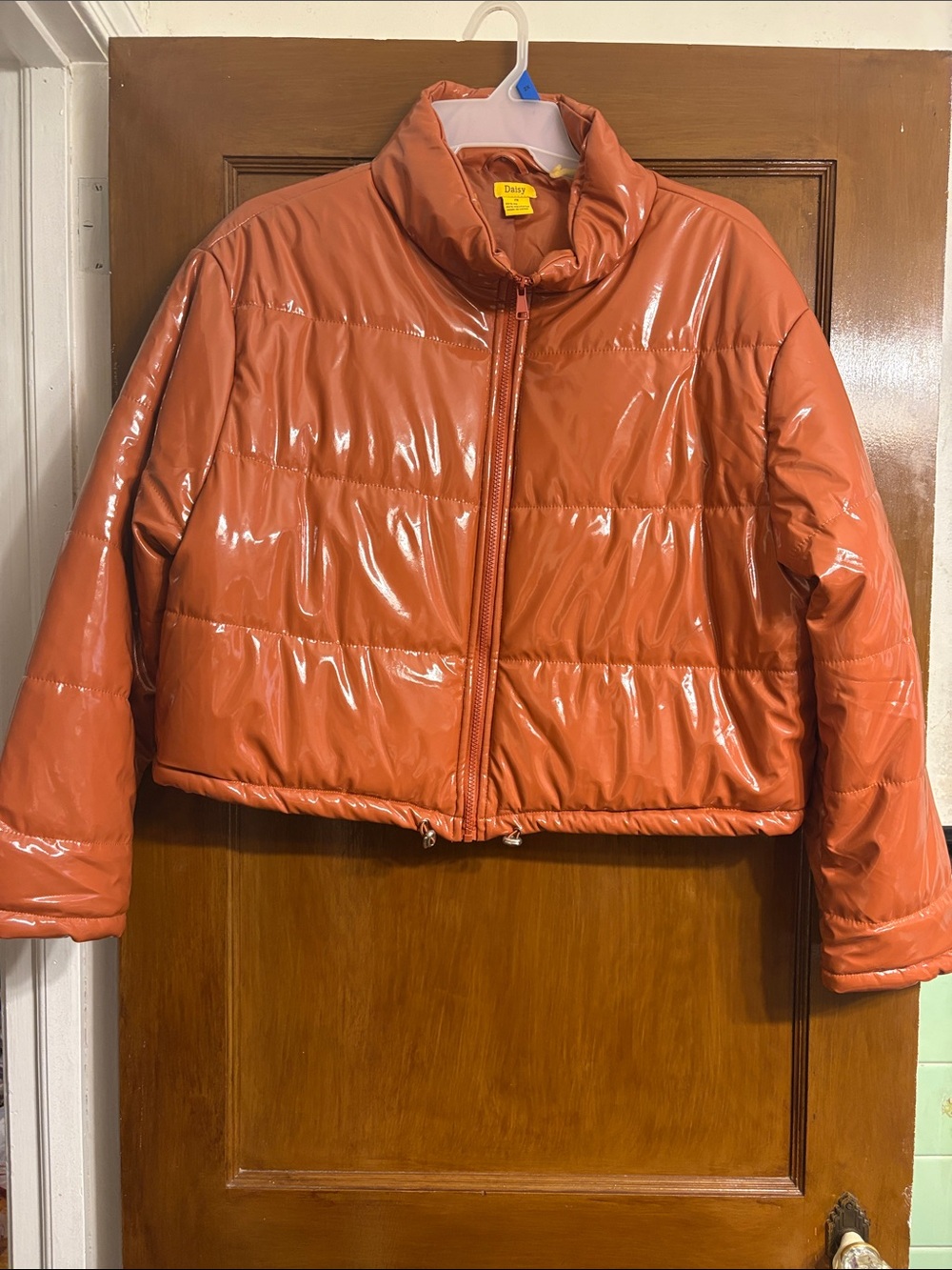 Daisy Shiny Coral-Orange Cropped Puffer Jacket